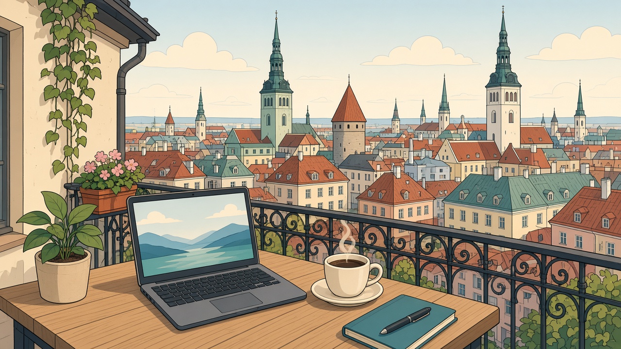 Cartoon illustration of a laptop, coffee, and notebook on a balcony overlooking red-roofed towers and a harbor city — remote work in Estonia, no brand marks