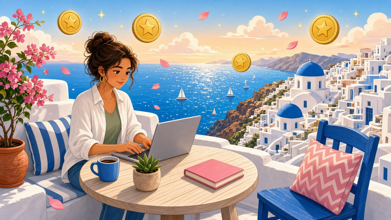 Cartoon illustration of a remote worker at a laptop on a whitewashed terrace overlooking blue-domed houses and the Aegean, with gold coins in the sky — Greece digital-nomad income, no brand marks