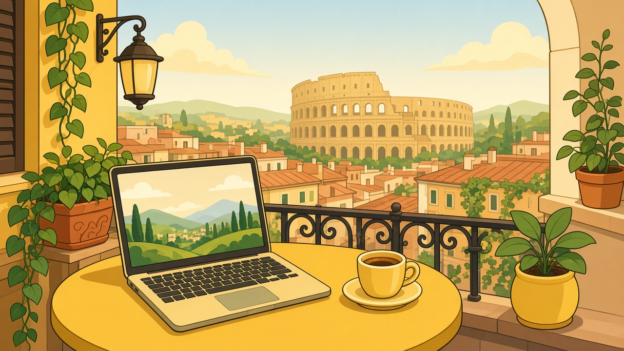 Cartoon illustration of a laptop and coffee on a yellow balcony table overlooking terracotta rooftops and the Colosseum — remote work in Italy, no brand marks