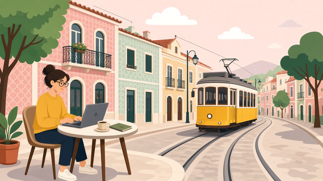 Cartoon illustration of a yellow Lisbon tram on a hilly pastel street beside a cafe table with a laptop and coffee — remote work in Portugal, no brand marks