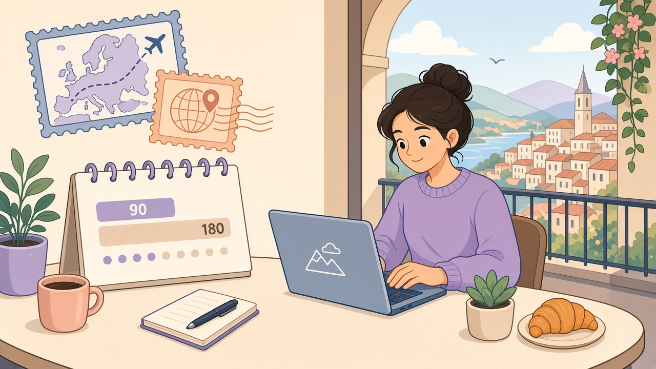 Cartoon illustration of a remote worker at a desk with a 90/180 calendar, Europe travel stamps, and a hillside town outside the window — Schengen short stay versus a digital-nomad residence, no brand marks