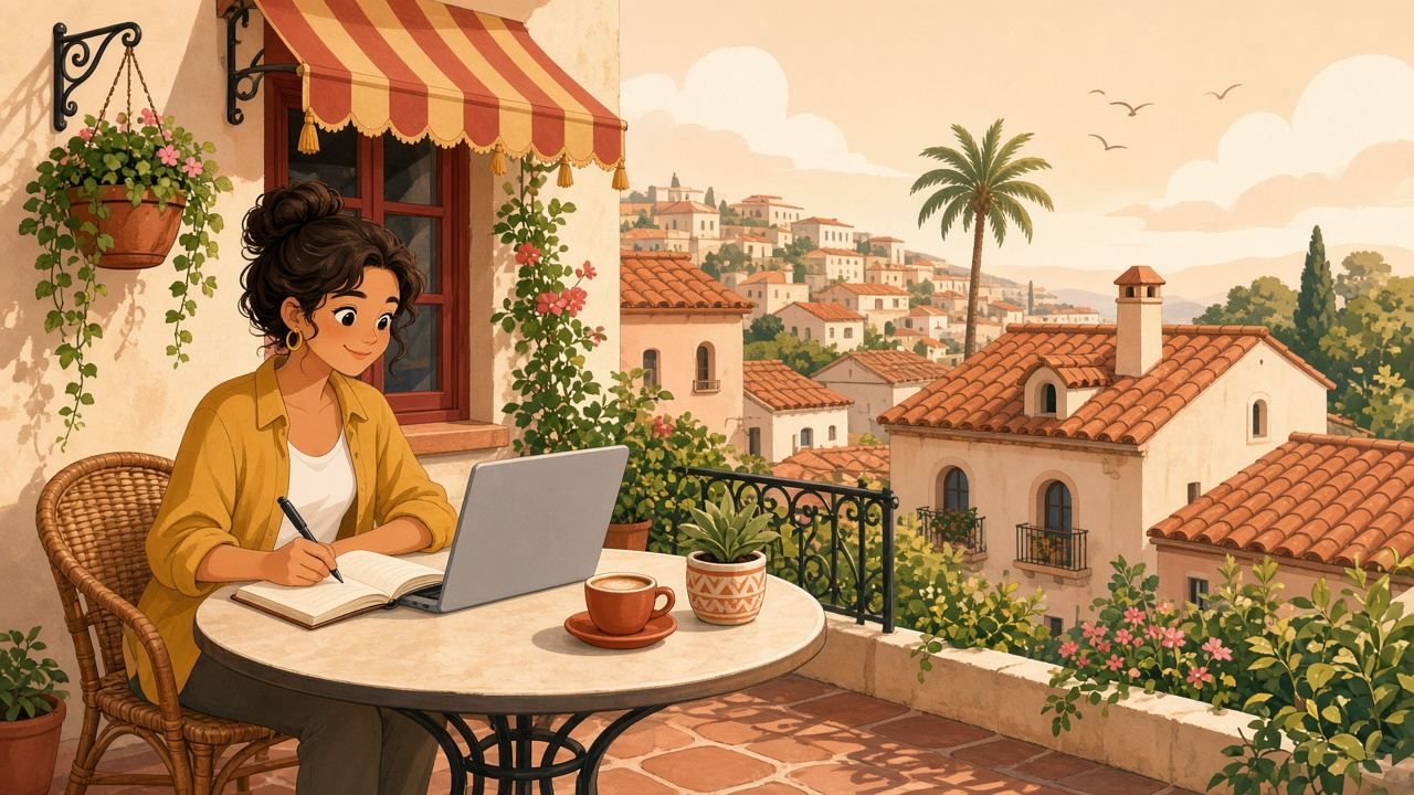 Cartoon illustration of a remote worker researching Spain digital nomad visa income for 2026