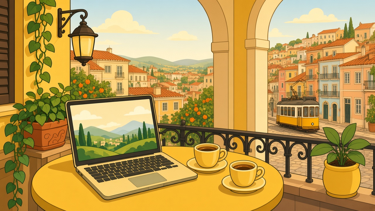 Cartoon illustration of a cafe table with a laptop and two coffee cups on a balcony split between Spanish terracotta rooftops and a Portuguese hillside tram — no brand marks
