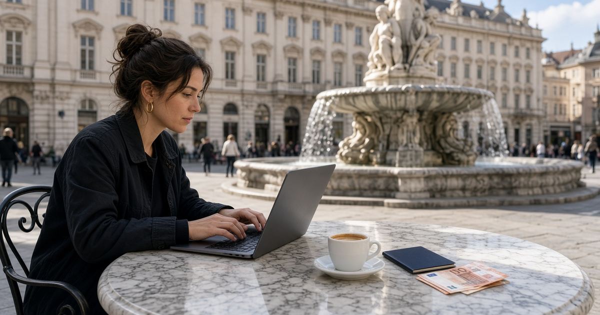 Digital nomad with a laptop, passport, and euro notes at a cafe in a European city square — comparing visa income floors