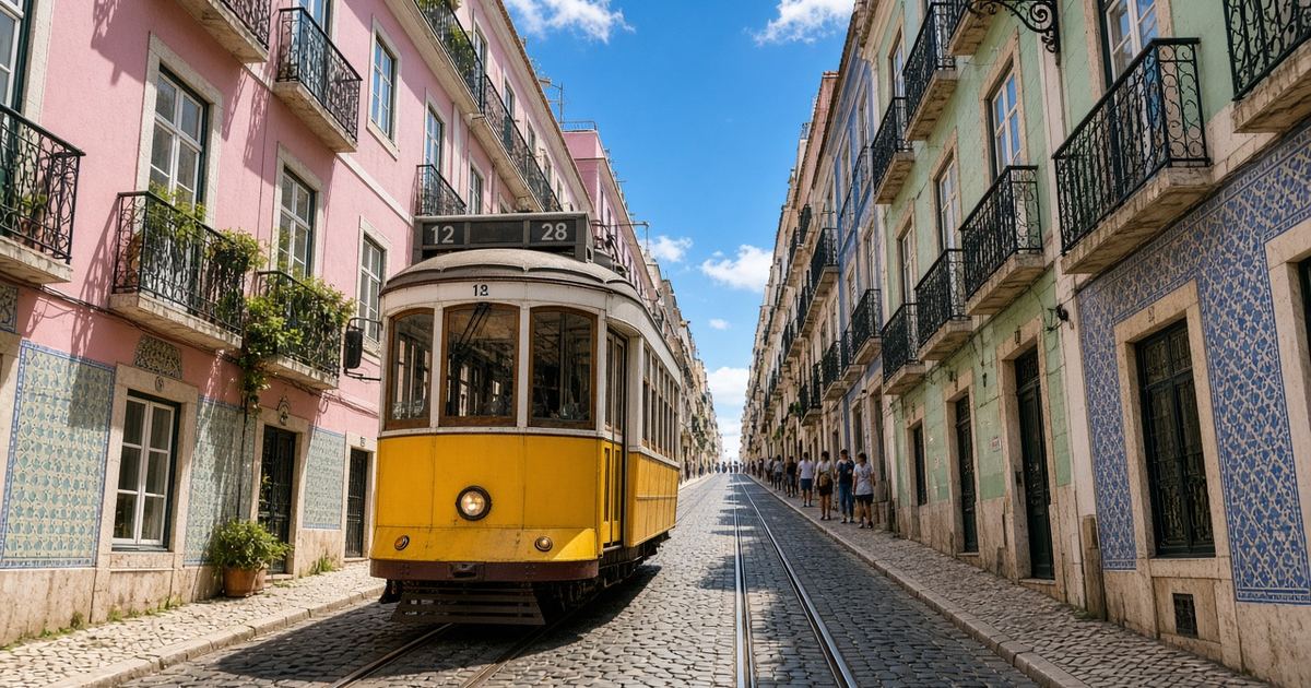Yellow Lisbon tram climbing a steep street of pastel tiled buildings in bright sun — Portugal digital-nomad visa income