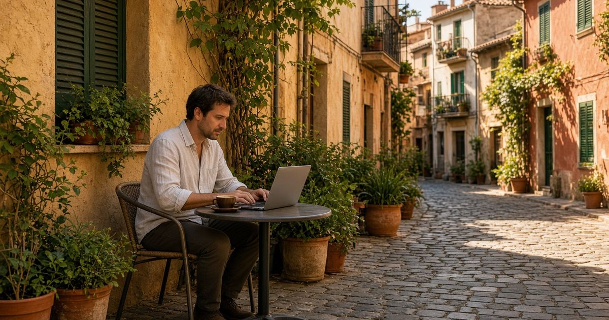 Remote worker with a laptop at a sunlit Spanish street cafe — Spain digital-nomad income figures are easy to mix up